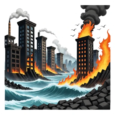 an apocalyptic backdrop of a city in ruins and on fire with a tidal wave and earthquake in the style of cyber punk and steam punk ascetics,  but rugged realistic style sticker
