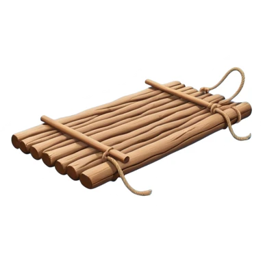 showing a simple wooden raft floating on calm blue water — made of several brown logs tied together with rope — gentle ripples around it — bright, cheerful lighting and soft shadows — minimalist, clean emoji design sticker
