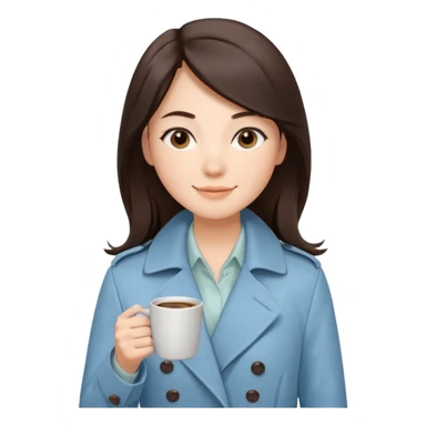 Mei – Cewe Kalem Kulit putih halus, rambut coklat gelap panjang lurus rapi, belah samping. Pakai trench biru muda sambil cangkir kopi, ekspresi tenang senyum sticker