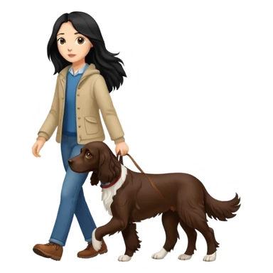 A girl with long black hair walks a brown springer spaniel sticker