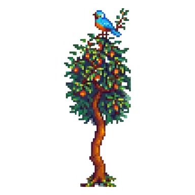 orange tree pixel art style with a bird perched on a branch sticker