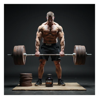 realistic powerlifter lifting barbell for deadlift, bottle of AAS on floor next to plates, thoughtful expression, isolated on white background sticker