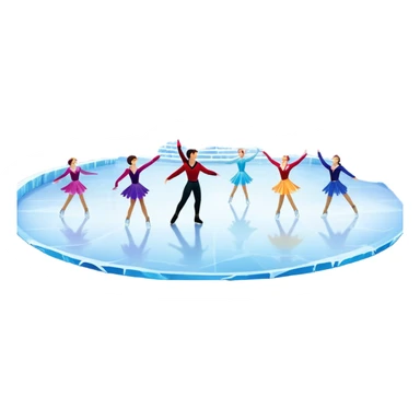 An icon of a theatrical ice show with close-up costumed figure skaters performing a dramatic scene on a glowing ice stage. Spotlights, colorful scenery, and a cheering audience in a grand arena convey the magic and artistry of the ice performance. Transparent background included. sticker