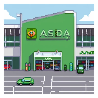 Isometric view of an ASDA supermarket building with green signage, large glass entrance, shopping trolleys bay, and car park with British cars sticker