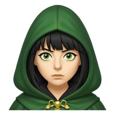 claudia winkleman with a heavy fringe as a traitor with a green hooded cloak with a gold clasp and dark black eyeliner sticker