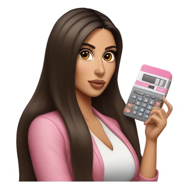 Hyper realistic kim kardashian with long straight brown hair holding a small pink calculator in her hand sticker