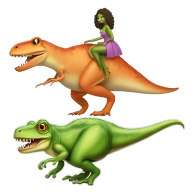 A frog riding a t-Rex, and the t-Rex has a dress and high heels on sticker