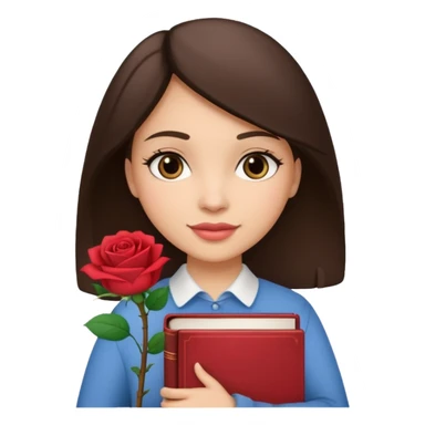 Brunette holds a stack of books + flower sticker