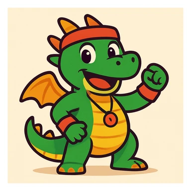 the face of a cute fitness dragon coach, energetic, friendly, cartoon style sticker