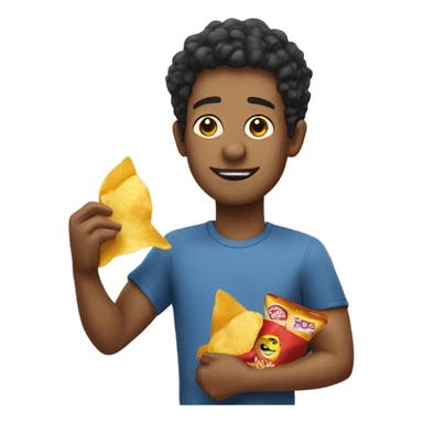 Lanny holding a bag of potato chips and eating a chip sticker