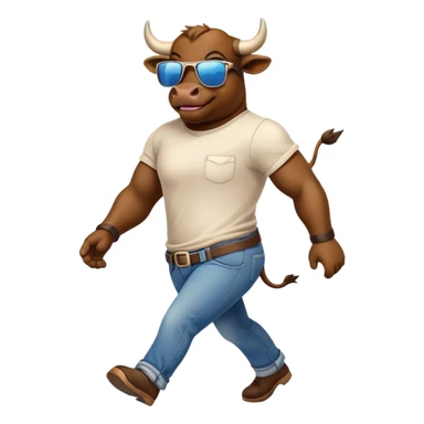 smiling bull character in jeans, t-shirt, and sunglasses, walking quickly sticker