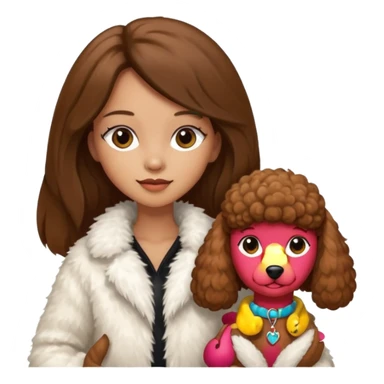 A girl with a long brown straight hair and wearing a fur white jacket holds a brown poodle sticker