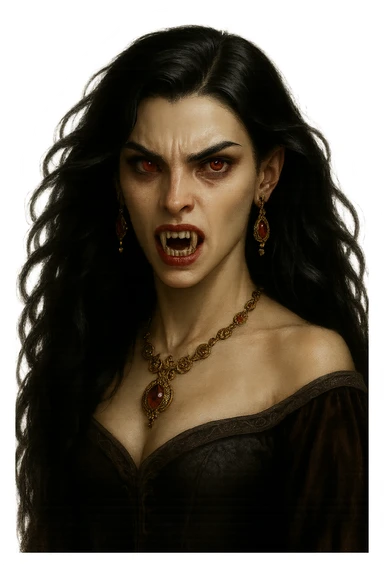Remove the background, keep the vampire girl in realistic fantasy style with transparent background, focus on a detailed realistic fantasy style character with no background. sticker
