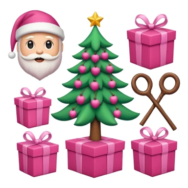 emojis estilo pixar de la cara de santa, arbolito rosa, reno, lazo coquet,bastones rosa, caja de regalo rosa, arbolito verde con bambalinas rosa sticker