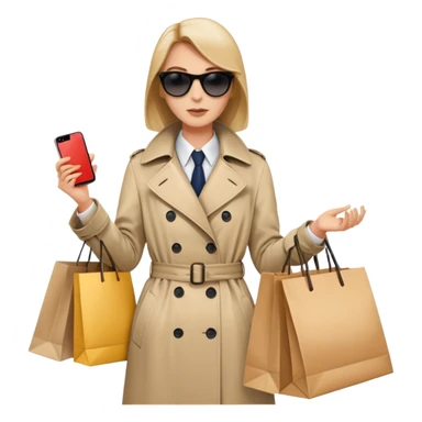 mystery shopper in trench coat, sunglasses, holding a shopping bag sticker