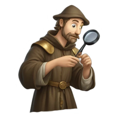medieval coin collector, looking at a coin with a magnifying lense sticker