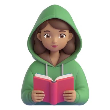 emoji of a girl with medium skin tone, brown hair, reading a book, wearing a hoodie sticker