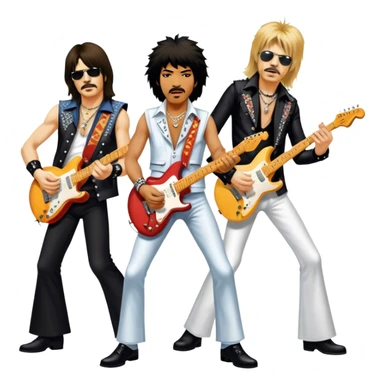 Icon for Rock Music: collage of iconic rock musicians—Klaus Meine, Jimi Hendrix, Kurt Cobain, Freddie Mercury, and Ozzy Osbourne—playing electric guitars and singing on stage. Capturing the powerful energy and rebellious spirit of rock. Transparent background. sticker