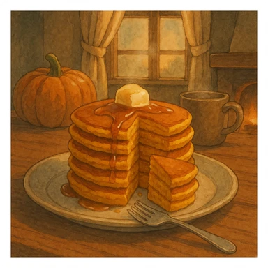 stack of pumpkin pancakes with a piece cut out, cozy sticker