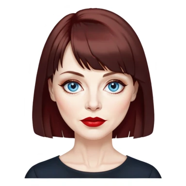 Artistic woman in her late 50s with pale skin, wider face, visible age lines around eyes and mouth, blue eyes with eyeliner, thin eyebrows, red lipstick, dark auburn hair with bangs styled more conservatively, wearing a black top sticker