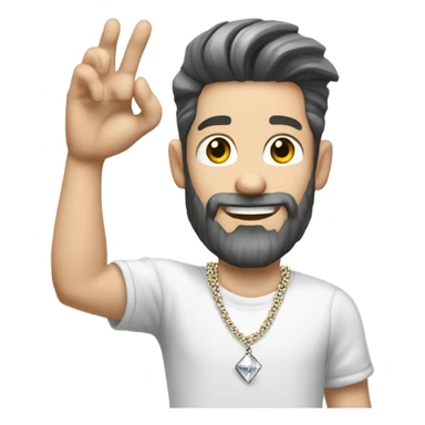 Younger white male with greying dark brown hair, a beard, and tattoos that is wearing a diamond coated white gold necklace, waving hello sticker