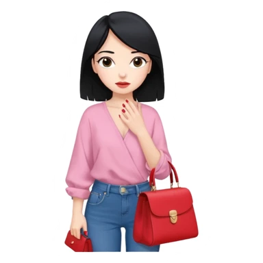 A girl black hair girl, w long light pink nails, wearing a black baggy jeans and blue ￼wrap blouse, w a red bag, her expression is nonchalant  sticker