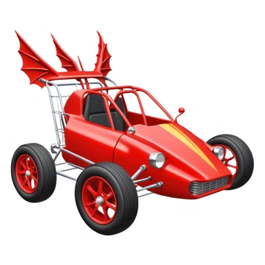 Special three cylinder race car whose frame and suspension is made of shopping cart material with a large rear spoiler is being professionally steered driven by a small thin dragon  sticker