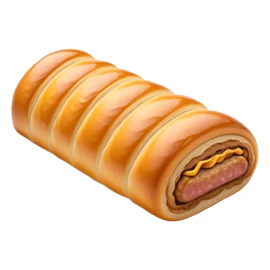 Cinematic Realistic Sausage Roll Dish Emoji, depicted with a crisp, golden pastry wrapped around flavorful sausage, rendered with detailed textures and appetizing lighting. sticker