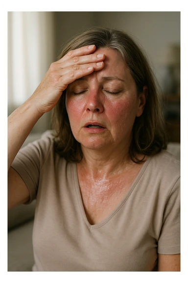 Donna in menopausa con sintomi evidenti. immagini specifiche, senza testo. immagini realistiche 4k sticker