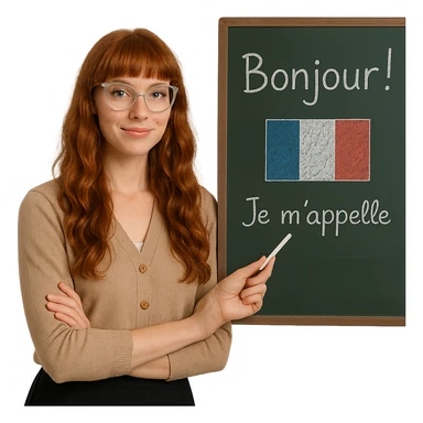 redhead woman, long wavy hair, bangs, cat-eye clear-framed glasses, blue eyes, French teacher, standing by a chalkboard sticker