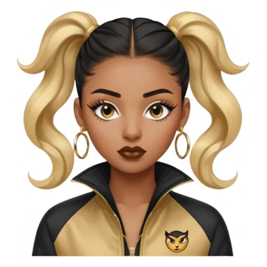 “black Emoji girl, fierce confident expression, sharp black winged eyeliner, bold brows, matte nude lips, long curled lashes, sleek high ponytail, gold hoop earrings, sporty streetwear jacket.” sticker