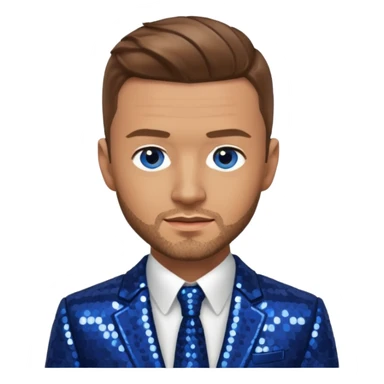 Justin Timberlake with light brown hair, blue eyes, sequin navy blue suit jacket sticker
