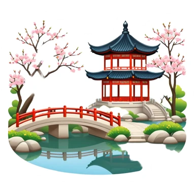 Suzhou garden with spring blossoms and pavilion by pond, simplified emoji style with bold outlines and bright colors, cartoon style traditional Chinese garden sticker