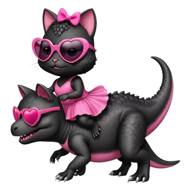 Tyrannosaurus rex with a black kitten wearing pink heart shaped sunglasses riding his back. The black kitten is wearing a pink dress sticker