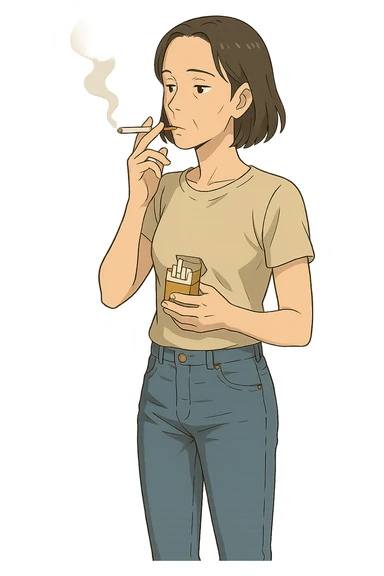 A full body of a slim middle aged woman wearing jeans and a t.shirt holding a packet of cigarettes and smoking sticker