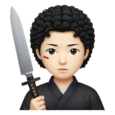 Korean murderer white skin with Asian eyes and holding knife with black Korean perm hair sticker