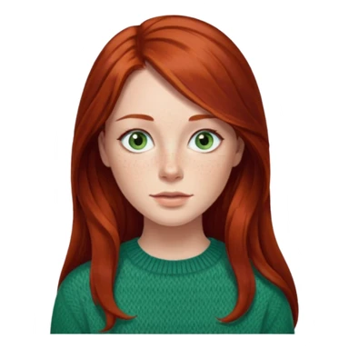 woman with long dark auburn red hair that is mostly straight but has slight waves to it. grey blue eyes. some freckles. wearing a Swedish style sweater that is green.  sticker