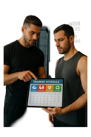 realistic cinematic photo a personal trainer and a client stand in a modern gym, reviewing a large, color-coded training calendar or chart on a tablet. The calendar shows different phases (strength, hypertrophy, endurance, recovery) with icons and dates. Around them, gym equipment and motivational posters reinforce the idea of structured, periodized training. in italiano sticker