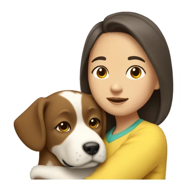 An asian girl with mid length brown hair hugging a white pekingness dog with yellow ear sticker