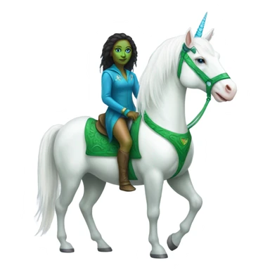 [(a green amazon alien woman with blue eyes) on a (four-legged white unicorn)] sticker