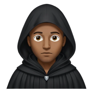 Black man wearing long black robe with tall, pointed hood. Entire face fully covered by black cloth, no facial features visible, only two small eye holes cut into the fabric. sticker
