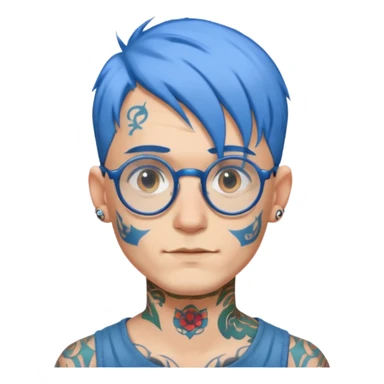 man with blue hair, round glasses, neck tattoo sticker