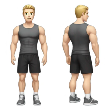 Confused Pale skinned Fit Man With the biceps and dark brown hair in black shirt, gray sports shorts and white Sneakers sticker