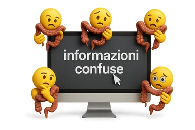 SCHERMO DI PC CON LA SCRITTA "informazioni confuse" SULLO SCHERMO E IL CLICK DEL MOUSE SULLA SCRITTA, stile emoji iphone fluttuano in aria stringendo in mano un pezzo di colon intestinale, iperrealistico 4k sticker