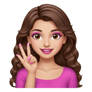 girl with long wavy brown hair, brown eyes, long lashes makeup, sexy pink lips, light to medium complexion, pink sexy top, smiling, hand by the cheek snapping fingers sticker
