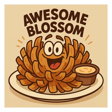 cartoon style awesome blossom dish from Chili's menu, golden-brown deep-fried blooming onion with a side of dipping sauce, playful and vibrant, exaggerated features sticker