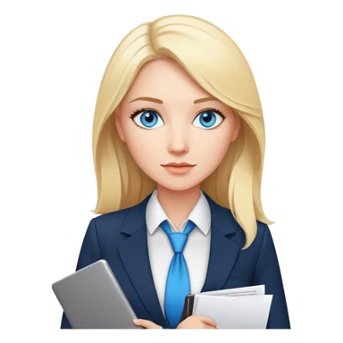 Blonde woman with blue eyes and large breasts, wearing a business suit with a bold neckline. Confident and cold. Foreign Trade Manager with a laptop or documents in hand. Smart, sexy, in control. sticker
