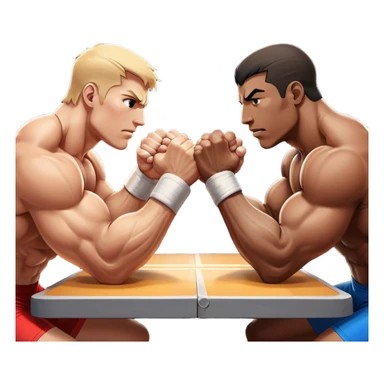 Two athletes engaged in an intense arm wrestling match, their muscles straining as they battle for dominance. The scene captures the powerful clash of strength, with close-ups on the hands locked in a firm grip, sweat glistening under bright lights. The background features a wrestling table. sticker
