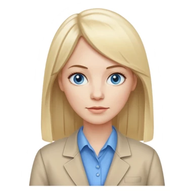 40 yr old white woman, pale skin, long straight blond hair parted in center, blue eyes, bangs, clothes for work sticker