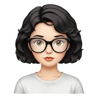 white woman about 50 years old with light warm skin, wide face, black wavy neck-length 80s short hair, low volume, neutral expression, large black shiny butterfly or cat-eye glasses, white casual t-shirt sticker